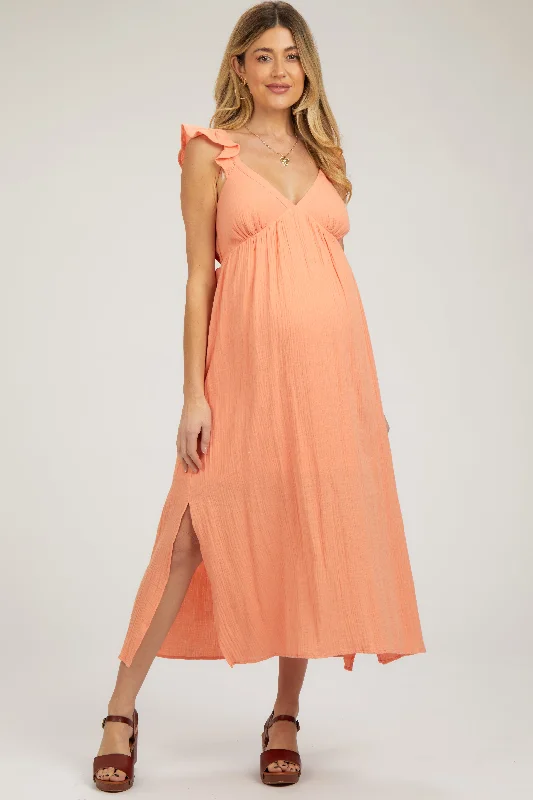 Orange Ruffle Strap Maternity Midi Dress