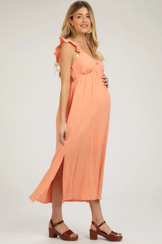 Orange Ruffle Strap Maternity Midi Dress