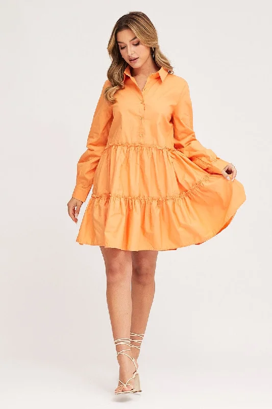 Orange Shirt Dress Long Sleeve Mini