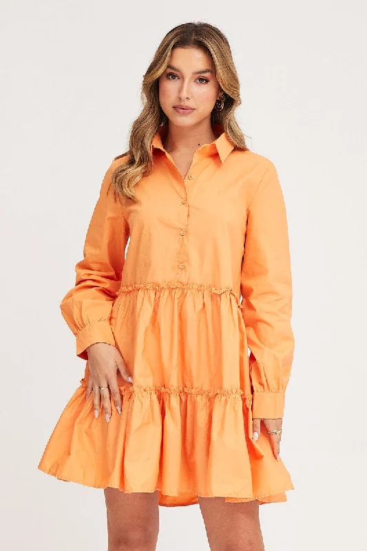 Orange Shirt Dress Long Sleeve Mini