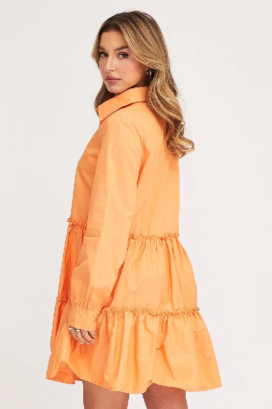 Orange Shirt Dress Long Sleeve Mini