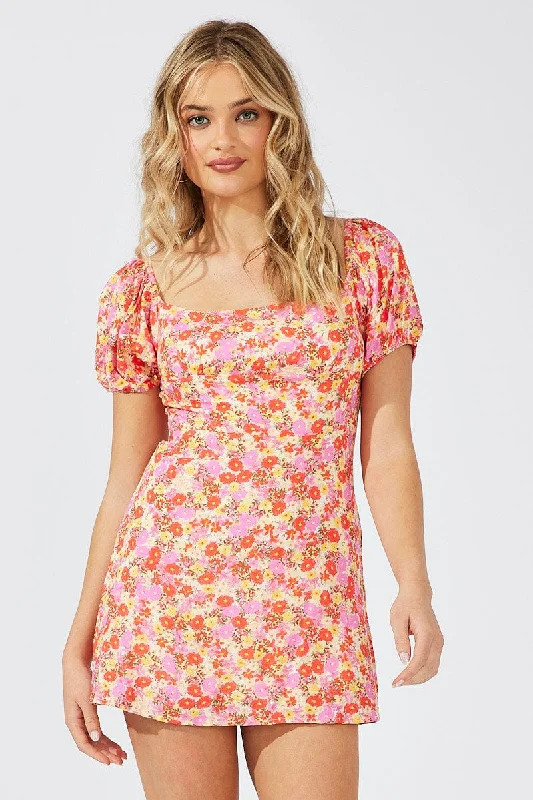 Pink Floral Mini Dress Puff Sleeve