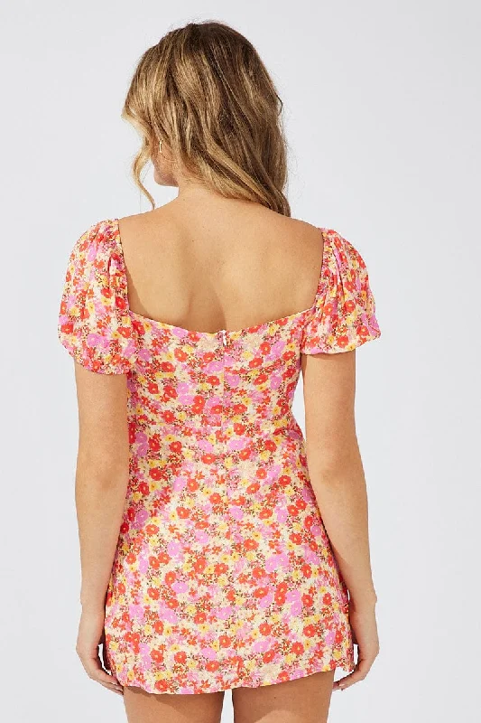 Pink Floral Mini Dress Puff Sleeve