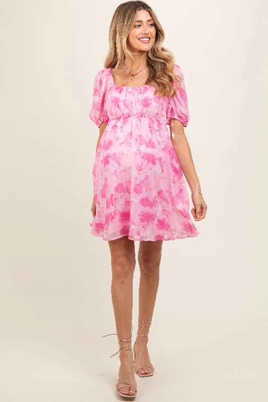 Pink Floral Puff Sleeve Maternity Mini Dress