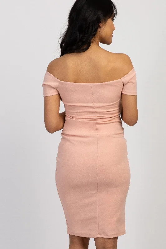 PinkBlush Light Pink Solid Off Shoulder Maternity Fitted Dress