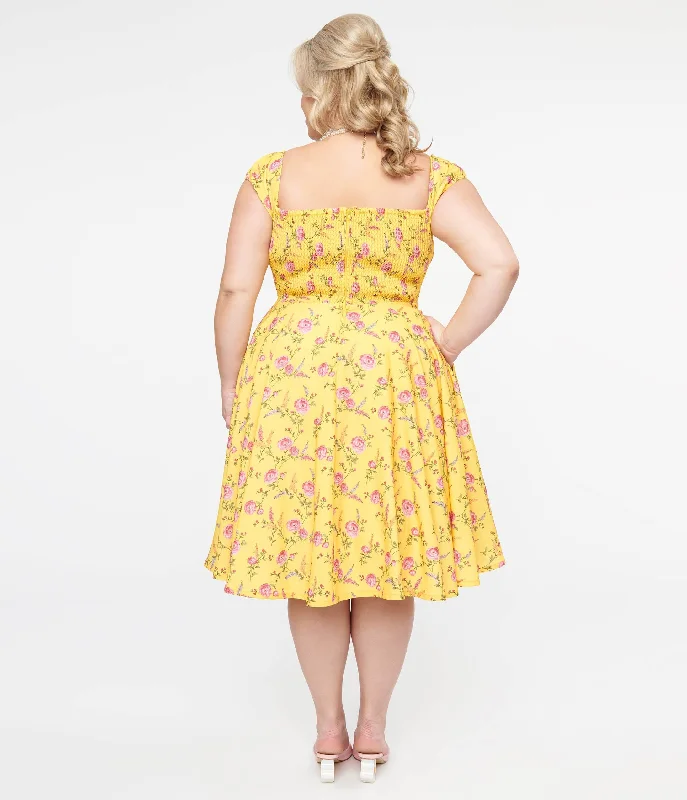 Plus Size 1950s Yellow & Fuchsia Floral Victoria Swing Dress