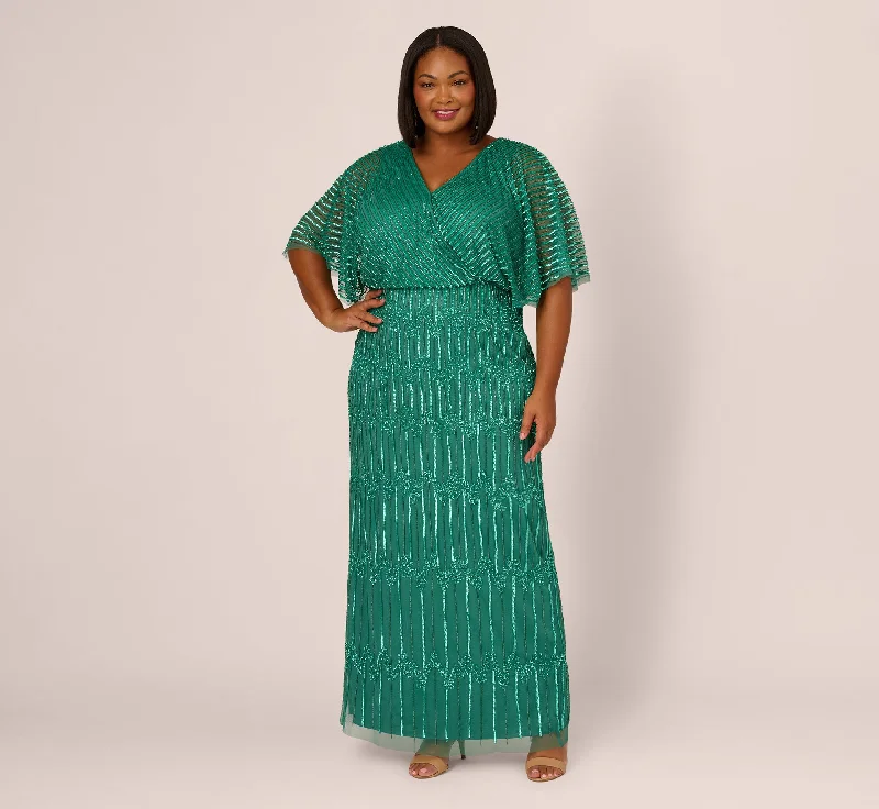 Plus Size Hand-Beaded Illusion Long Column Blouson Gown In Jungle Green