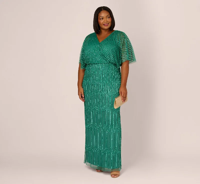 Plus Size Hand-Beaded Illusion Long Column Blouson Gown In Jungle Green