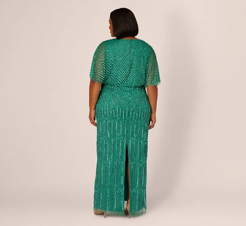 Plus Size Hand-Beaded Illusion Long Column Blouson Gown In Jungle Green