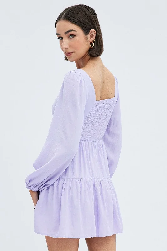 Purple Fit And Flare Dress Long Sleeve Mini