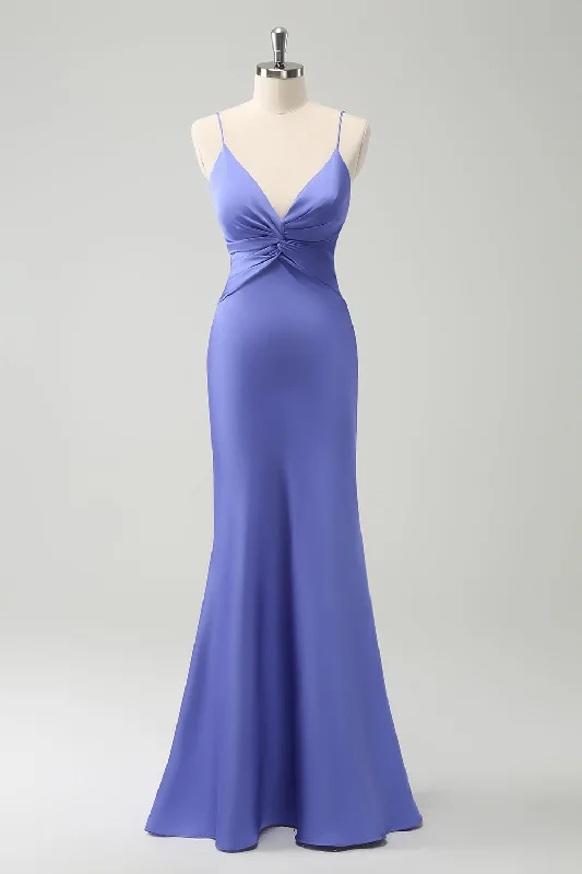 Purple Mermaid Spaghetti Straps Hollow Out Twist Front Bridesmaid Dress