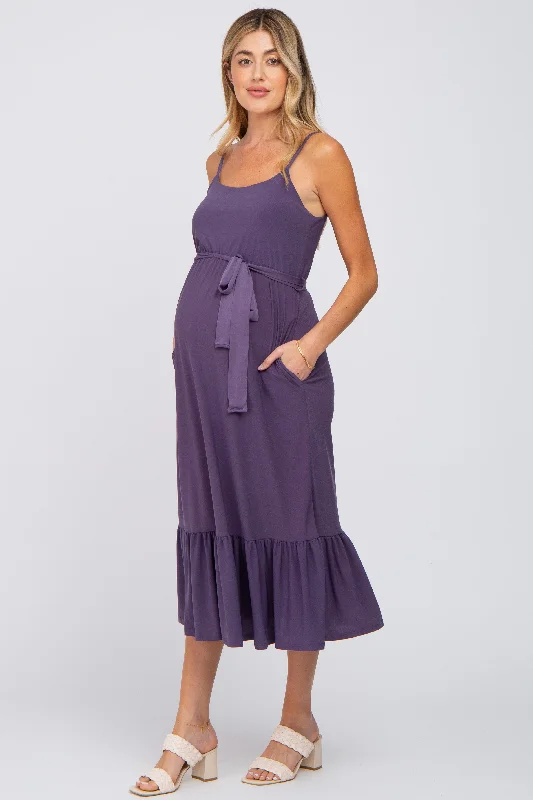 Purple Waist Tie Ruffle Hem Maternity Midi Dress