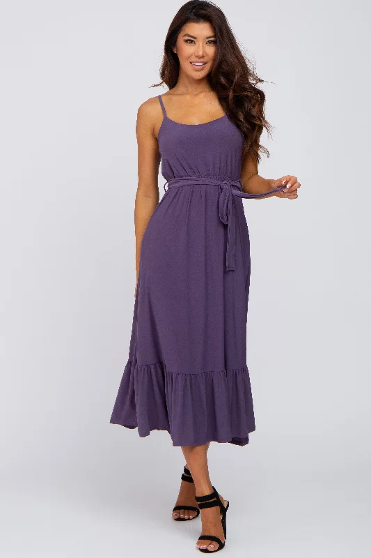 Purple Waist Tie Ruffle Hem Maternity Midi Dress