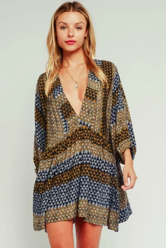 Rachel Indigo and Gold Plunge Swing Dress