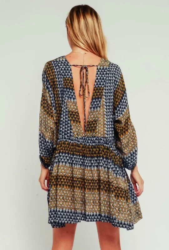 Rachel Indigo and Gold Plunge Swing Dress