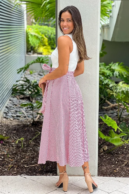 Red Striped Midi Dress With Slit