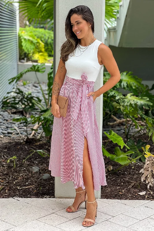 Red Striped Midi Dress With Slit