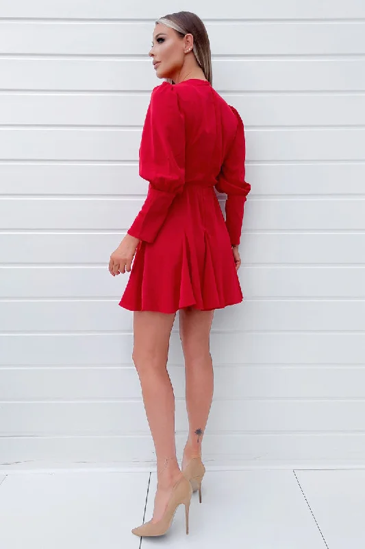 Red V-Neck Long Sleeve Skater Dress