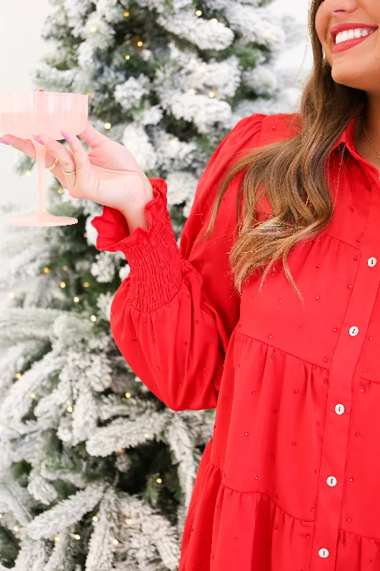 RHINESTONE BUTTON DOWN SHIRT DRESS IN RED