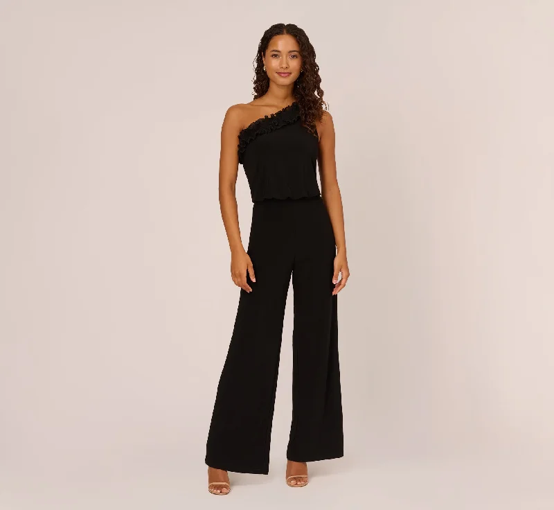 Ruffled One-Shoulder Blouson Jersey Jumpsuit In Black