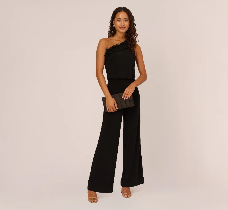 Ruffled One-Shoulder Blouson Jersey Jumpsuit In Black