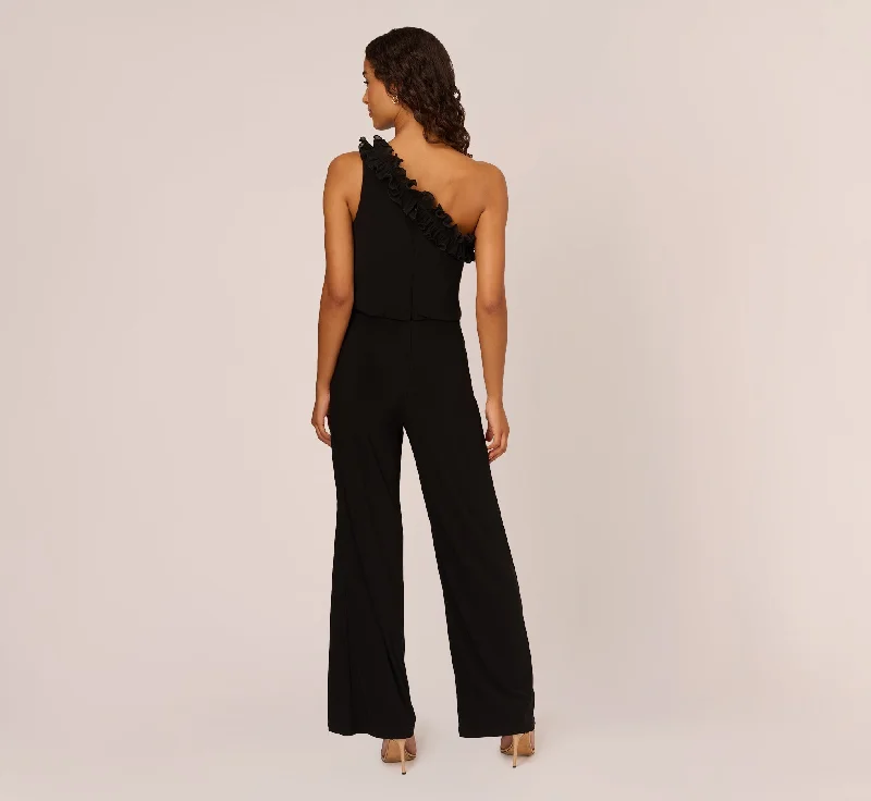 Ruffled One-Shoulder Blouson Jersey Jumpsuit In Black