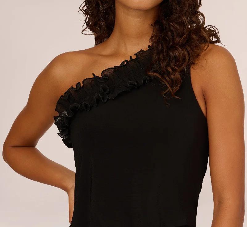 Ruffled One-Shoulder Blouson Jersey Jumpsuit In Black