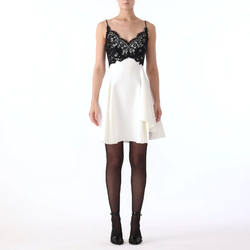 S/L BONDED CREPE MINI DRESS WITH CORDED BOUQUET LACE