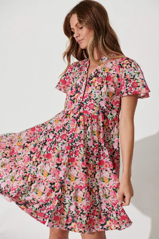 Saldana Smock Dress In Fuchsia Watercolour Floral Cotton