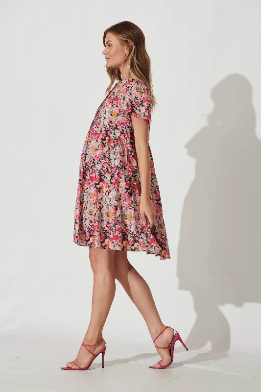 Saldana Smock Dress In Fuchsia Watercolour Floral Cotton