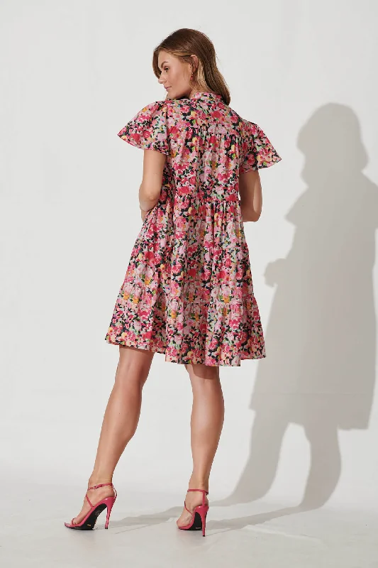 Saldana Smock Dress In Fuchsia Watercolour Floral Cotton