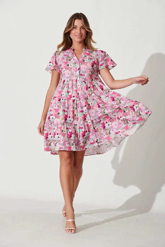 Saldana Smock Dress In Pink Watercolour Floral Cotton