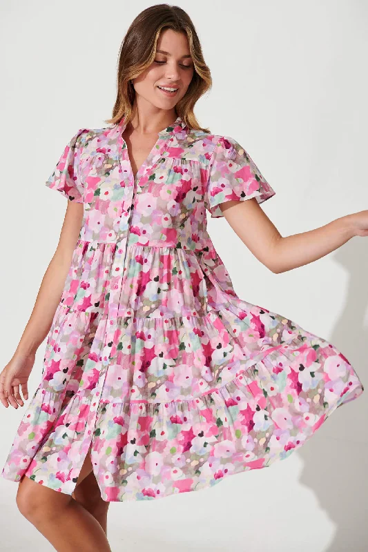 Saldana Smock Dress In Pink Watercolour Floral Cotton