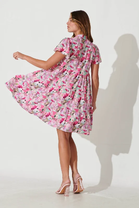 Saldana Smock Dress In Pink Watercolour Floral Cotton