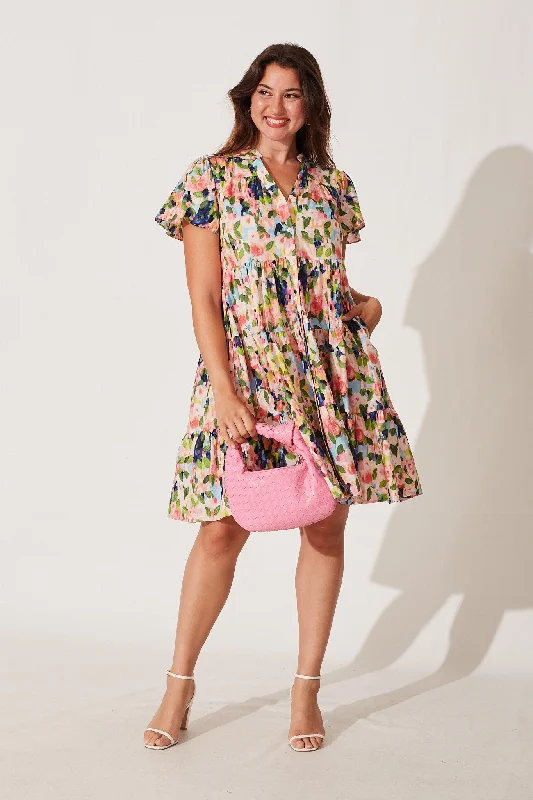 Saldana Smock Dress In Pink With Multi Watercolour Floral Cotton