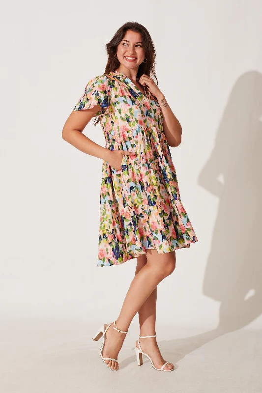 Saldana Smock Dress In Pink With Multi Watercolour Floral Cotton