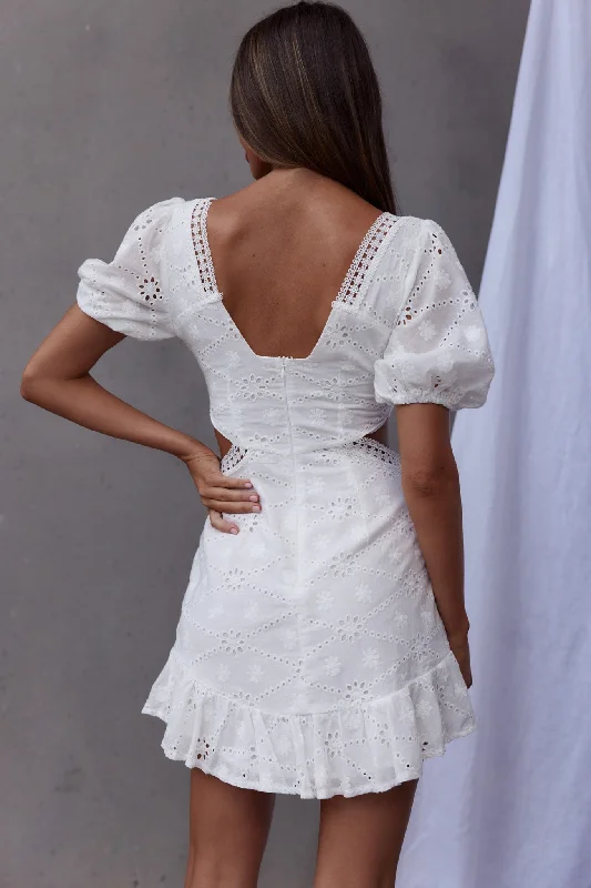 Santorini Sunset Puff Sleeve Cut-Out Eyelet Dress White