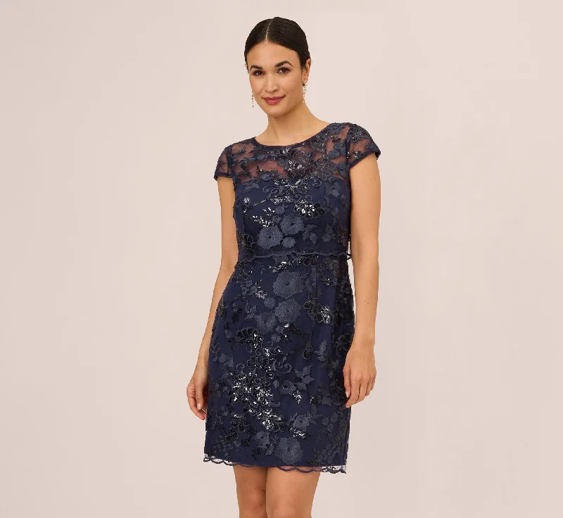 Sequin Floral Short Sleeve Dress With Popover In Navy