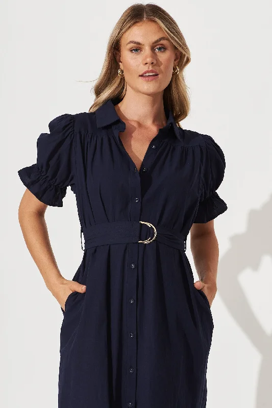 Sicilly Midi Shirt Dress In Navy Cotton