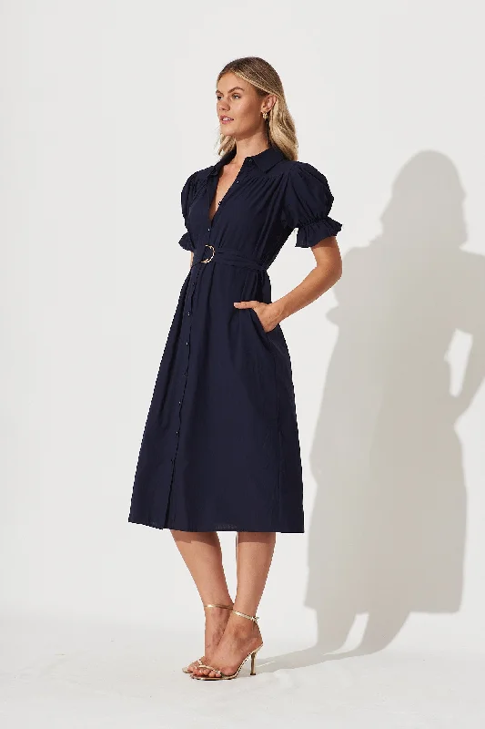 Sicilly Midi Shirt Dress In Navy Cotton