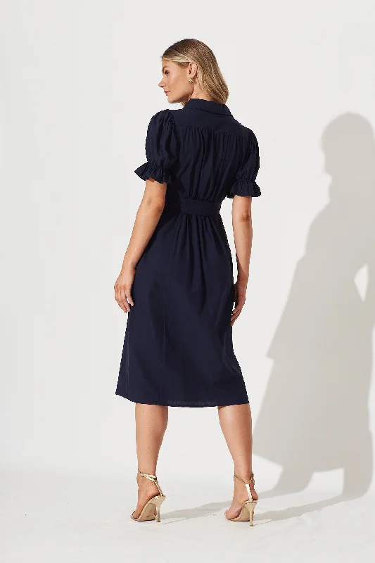 Sicilly Midi Shirt Dress In Navy Cotton