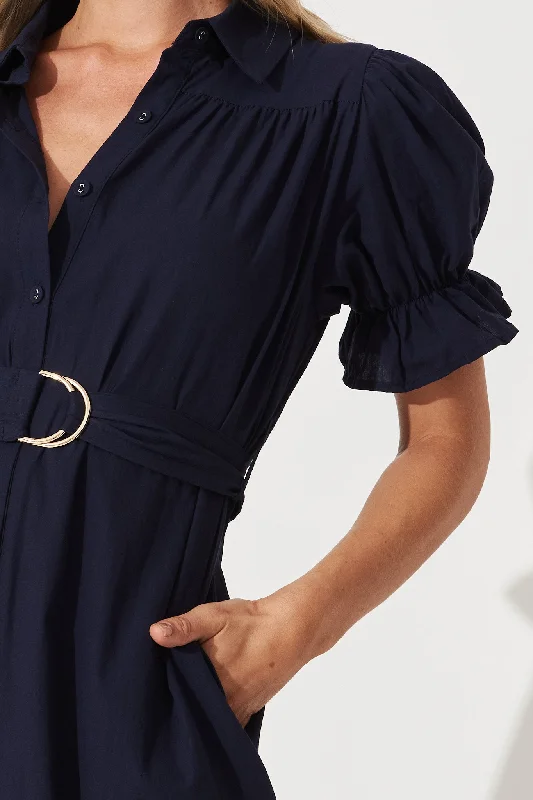 Sicilly Midi Shirt Dress In Navy Cotton