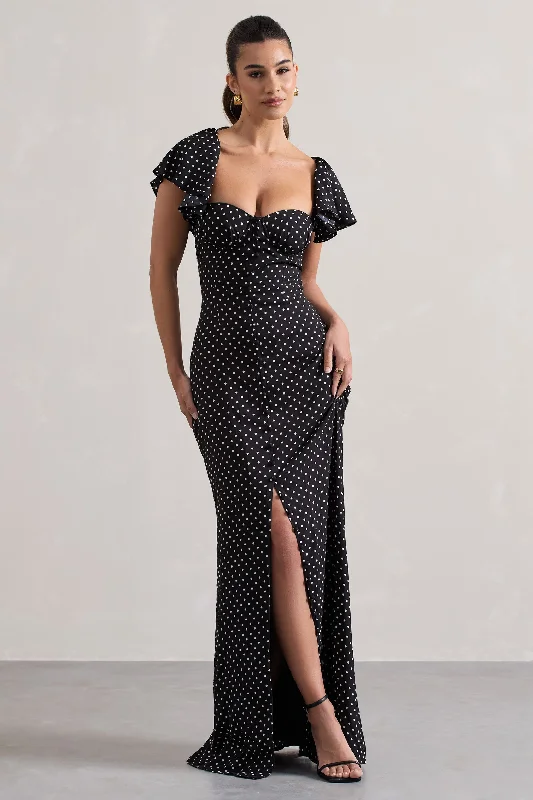 Signorina | Black Polka Dot Buttoned Maxi Dress With Flounced Short Sleeves