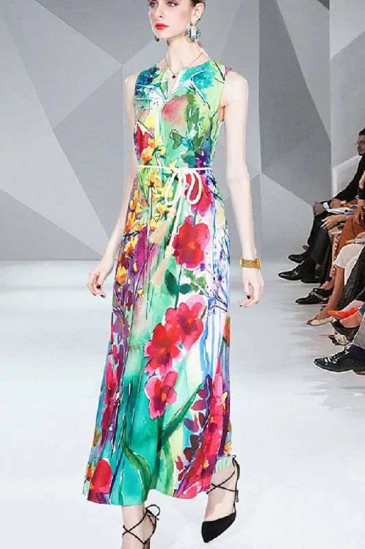 Sleeveless Printed Floral Long Dress