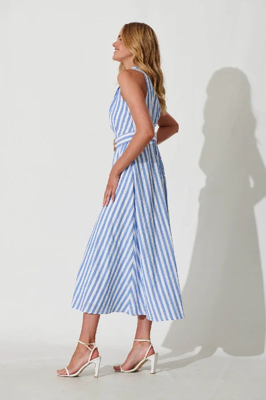 Solera Midi Dress In Blue And White Stripe Cotton Blend