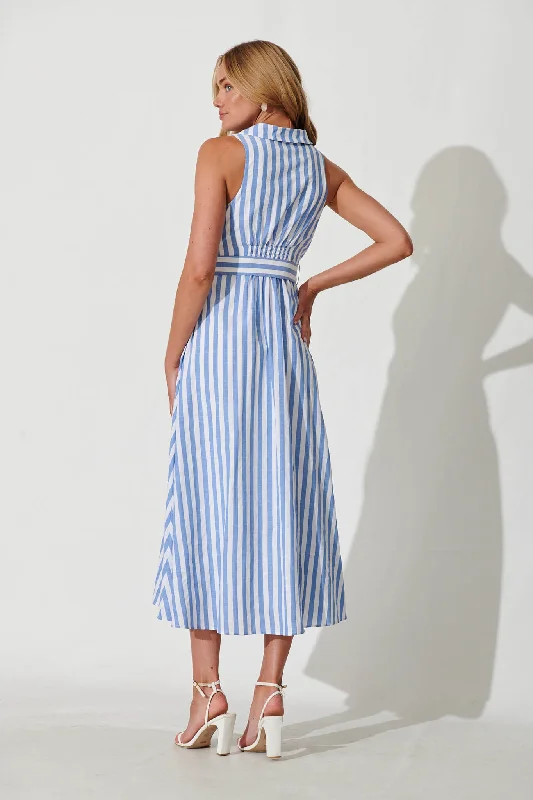 Solera Midi Dress In Blue And White Stripe Cotton Blend