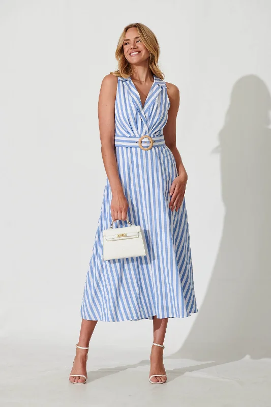 Solera Midi Dress In Blue And White Stripe Cotton Blend