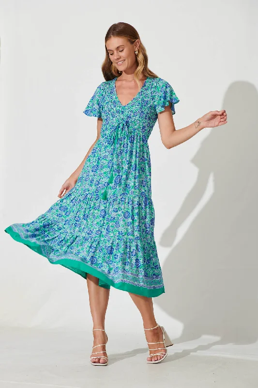 Soul Midi Dress In Blue And Green Border Print