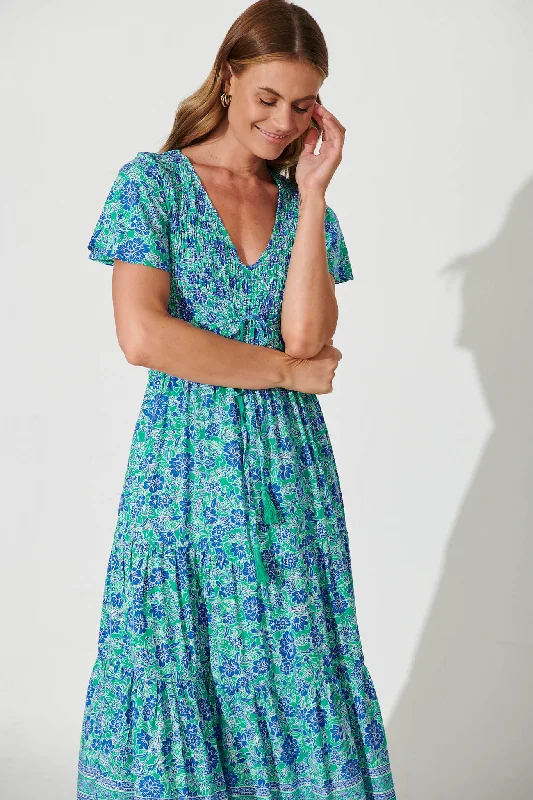 Soul Midi Dress In Blue And Green Border Print