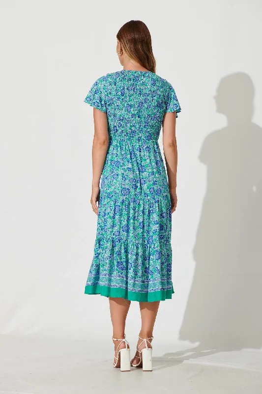 Soul Midi Dress In Blue And Green Border Print